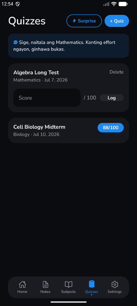 A graded quiz with Ella's encouragement, dark mode