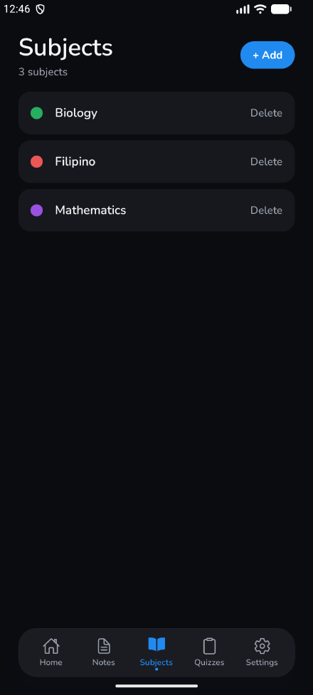 Color-coded subjects, dark mode